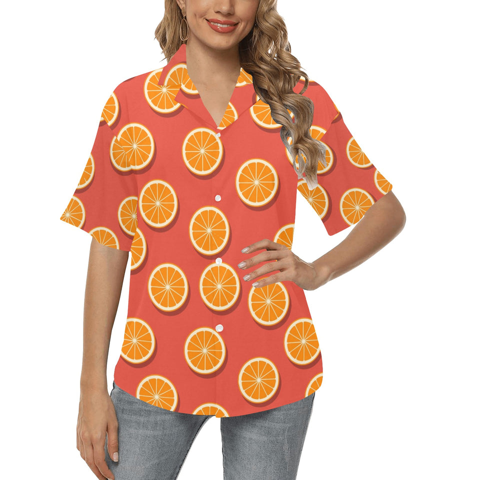 Oranges pattern red background Women's All Over Print Hawaiian Shirt