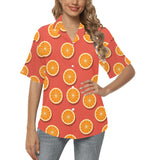 Oranges pattern red background Women's All Over Print Hawaiian Shirt