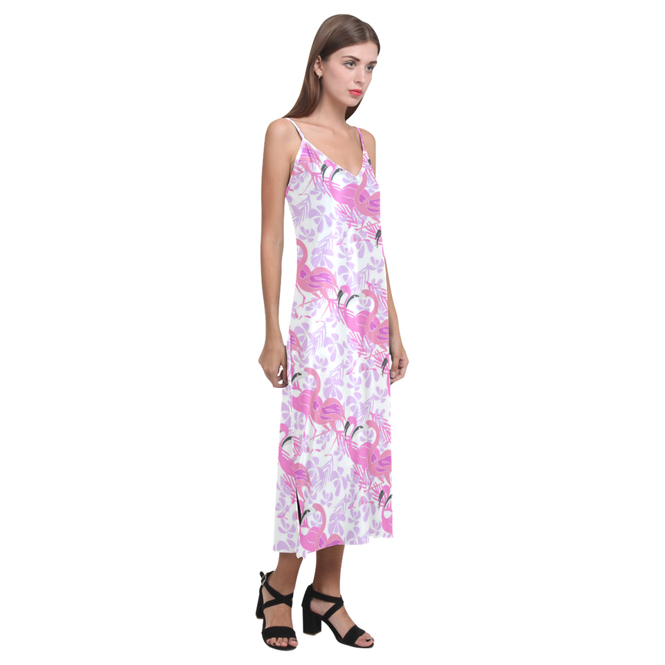 Pink flamingo flower pattern V-Neck Open Fork Long Dress