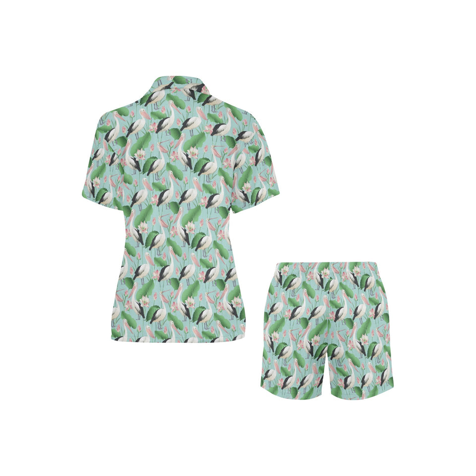 Pelican Pattern Print Design 01 Women's V-Neck Short Pajama Set