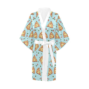 Hand drawn pizza blue background Women's Short Kimono Robe