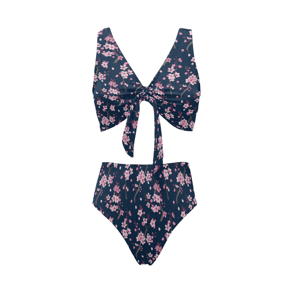 Pink sakura cherry blossom blue background Chest Bowknot High Waisted Bikini Swimsuit
