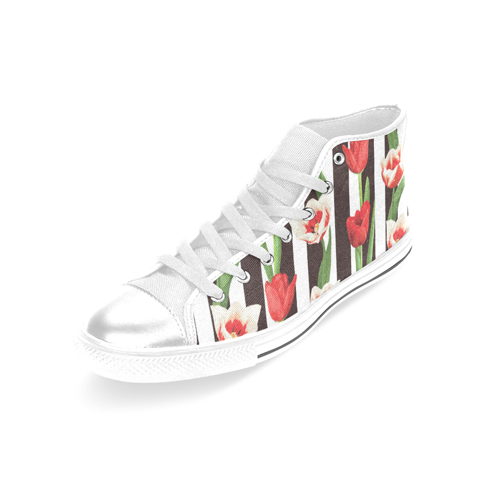 red and white tulips pattern Women's High Top Canvas Shoes White
