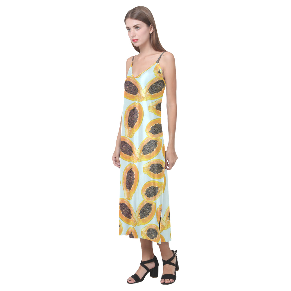 Watercolor papaya pattern V-Neck Open Fork Long Dress