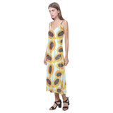 Watercolor papaya pattern V-Neck Open Fork Long Dress