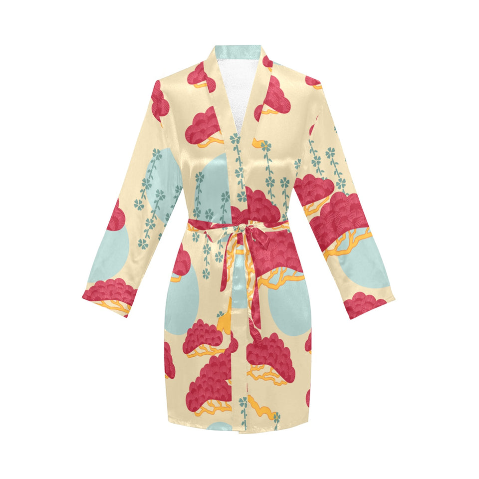 Red Bonsai gray sun japanese pattern Women's Long Sleeve Belted Night Robe