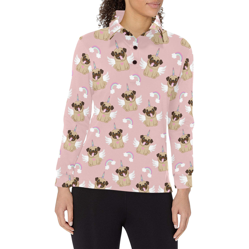Cute unicorn pug pattern Women's Long Sleeve Polo Shirt