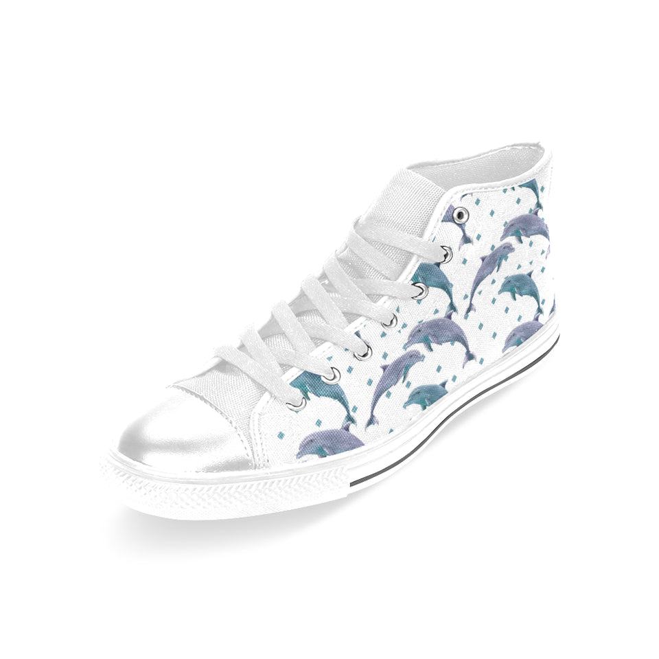 Dolphins pattern dotted background Women's High Top Canvas Shoes White