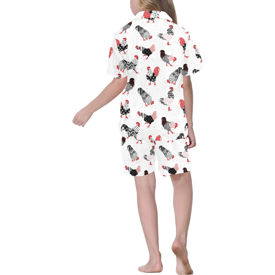 Cool rooster chicken cock floral ornament backgrou Kids' Boys' Girls' V-Neck Short Pajama Set