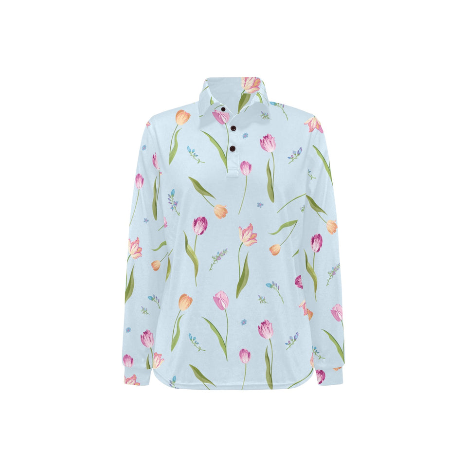 Watercolor Tulips pattern Women's Long Sleeve Polo Shirt