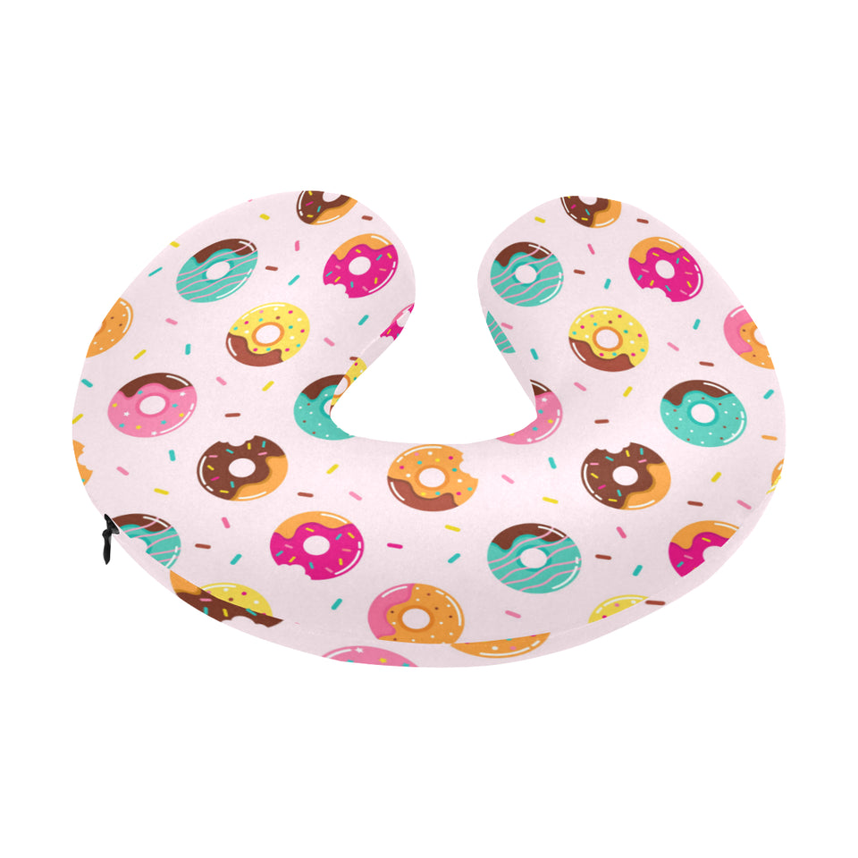 Donut pattern glaze pink background U-Shaped Travel Neck Pillow