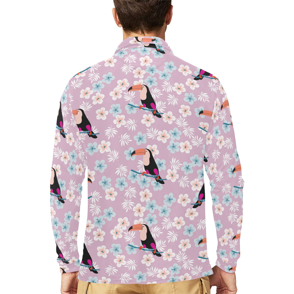 Beautiful toucan flower leaves Men's Long Sleeve Polo Shirt