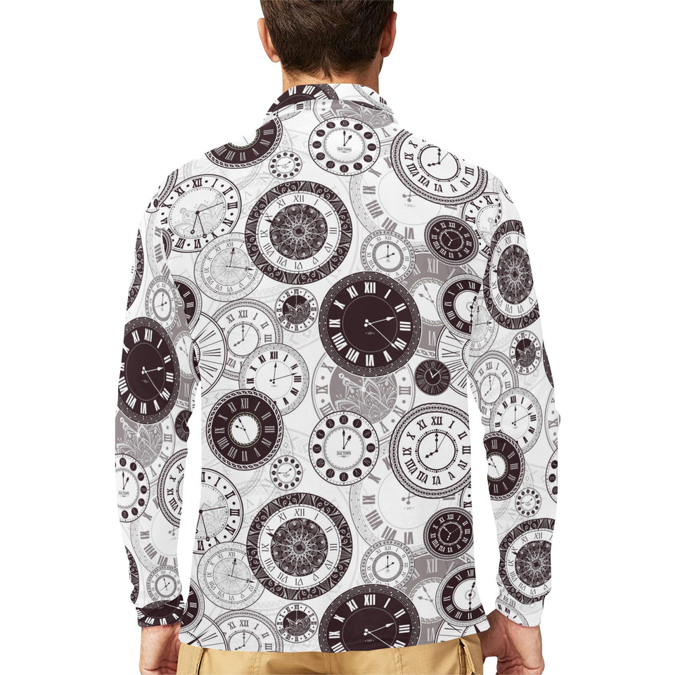 Classic vintage clock pattern Men's Long Sleeve Polo Shirt