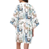 lama Alpaca cactus hand drawn pattern Women's Short Kimono Robe