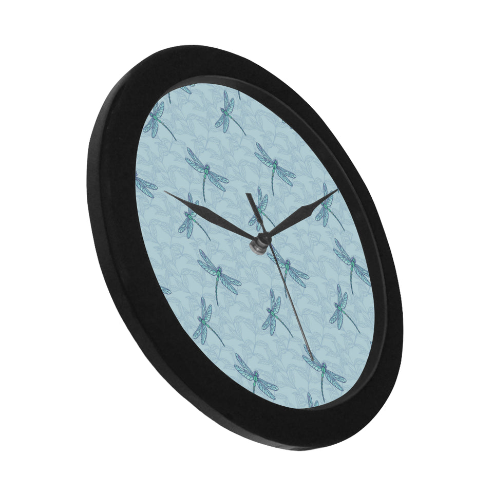 Dragonfly pattern blue background Elegant Black Wall Clock