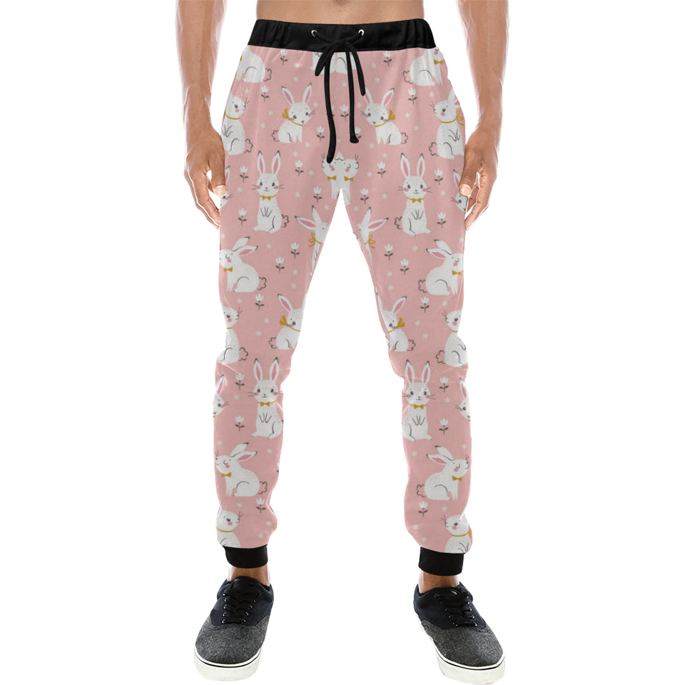 Cute white rabbit flower pink background Unisex Casual Sweatpants