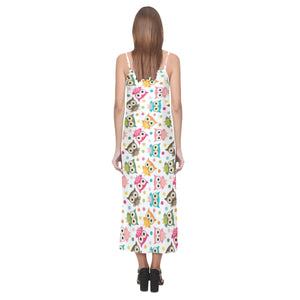 Color cute owl pattern V-Neck Open Fork Long Dress
