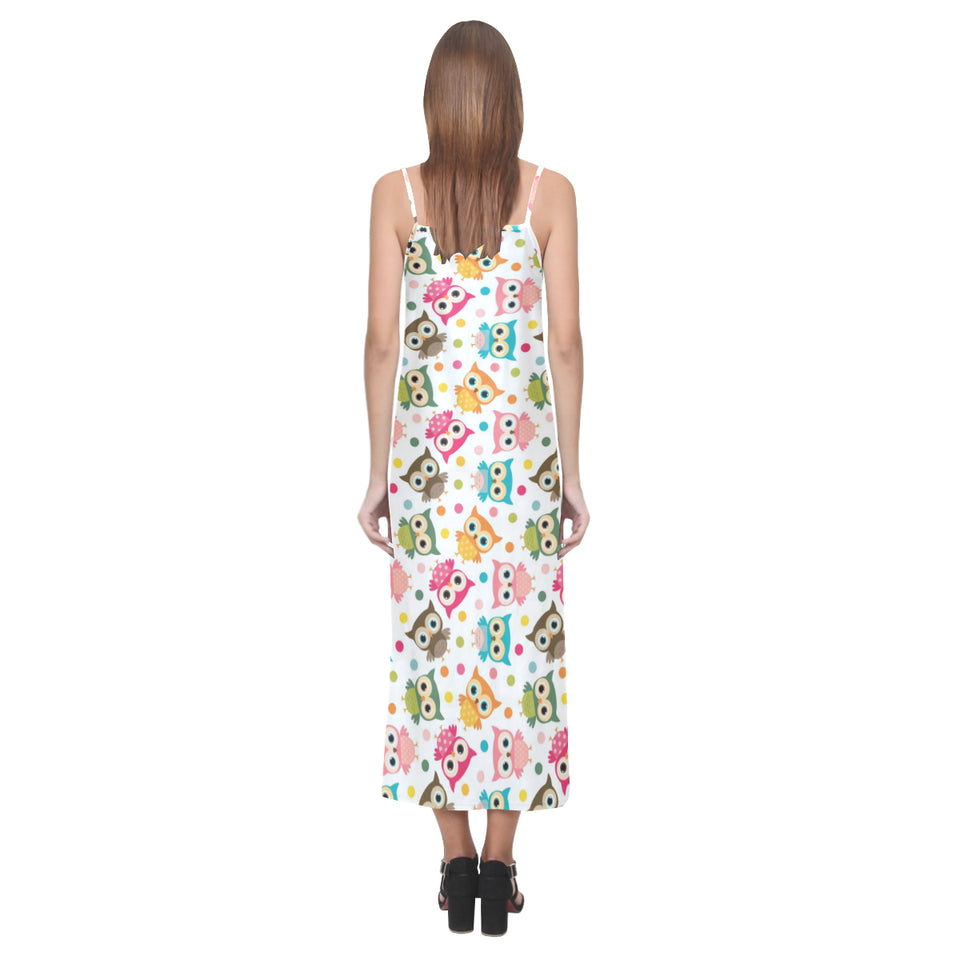Color cute owl pattern V-Neck Open Fork Long Dress