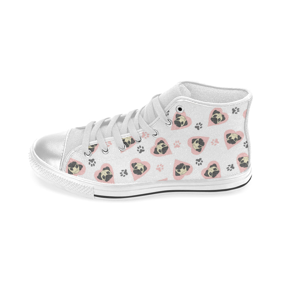 Cute pugs pink heart paw pattern Women's High Top Canvas Shoes White
