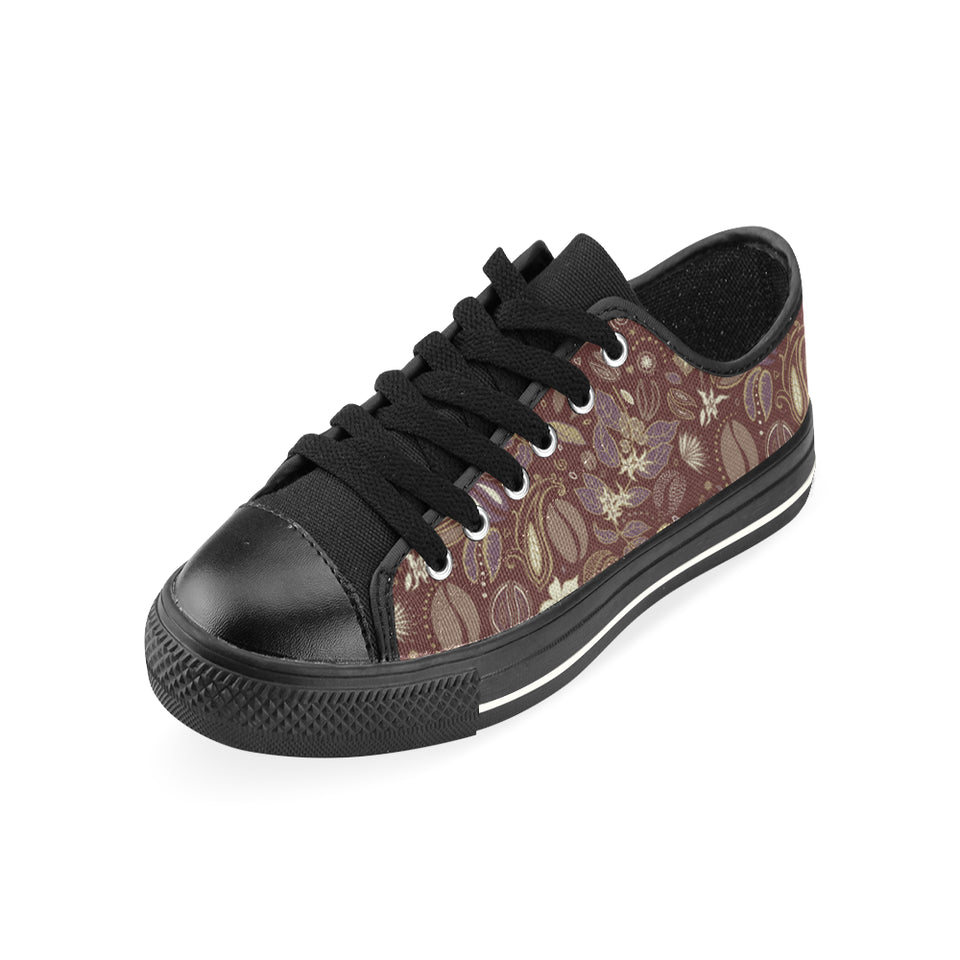 Coffee bean flower pattern Men's Low Top Canvas Shoes Black