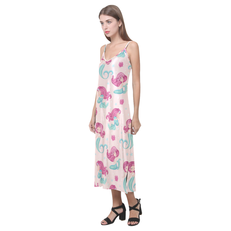 Cute little mermaid pattern V-Neck Open Fork Long Dress