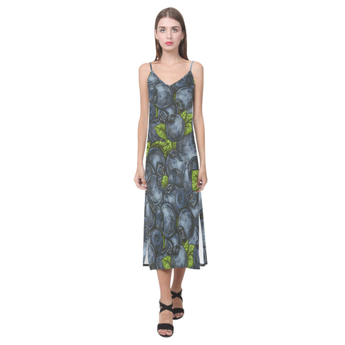 blueberry pattern V-Neck Open Fork Long Dress
