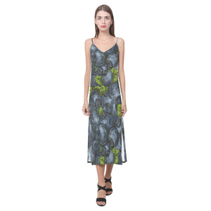 blueberry pattern V-Neck Open Fork Long Dress