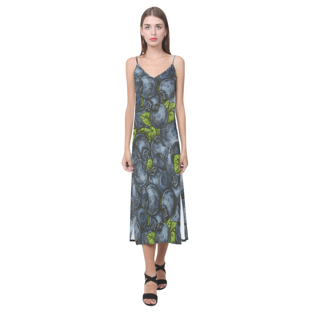 blueberry pattern V-Neck Open Fork Long Dress