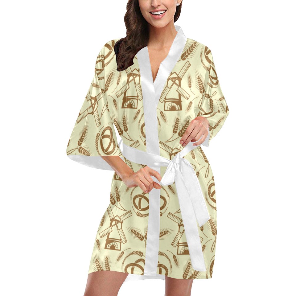 Windmill Wheat pattern Women's Short Kimono Robe