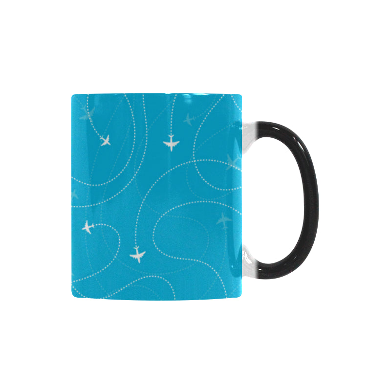 Airplane destinations blue background Morphing Mug Heat Changing Mug