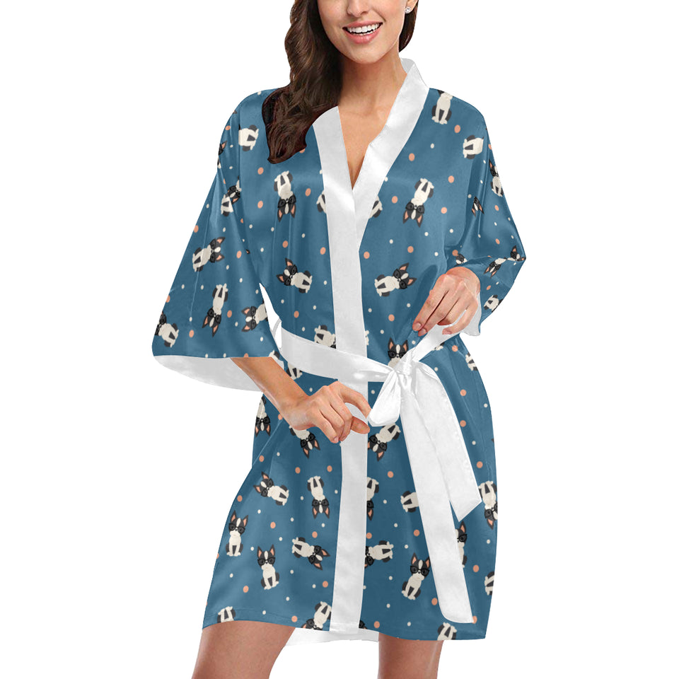 Cute boston terrier dog spattern Women's Short Kimono Robe