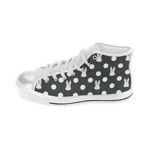 Cute white rabbit polka dots black background Women's High Top Canvas Shoes White