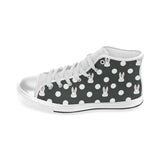 Cute white rabbit polka dots black background Women's High Top Canvas Shoes White