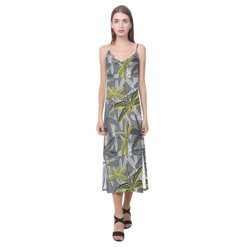 Hand drawn dragonfly pattern V-Neck Open Fork Long Dress