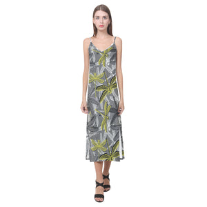 Hand drawn dragonfly pattern V-Neck Open Fork Long Dress
