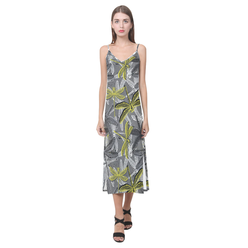 Hand drawn dragonfly pattern V-Neck Open Fork Long Dress