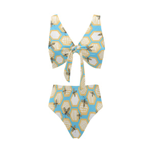 Bee honeycomb pattern Chest Bowknot High Waisted Bikini Swimsuit