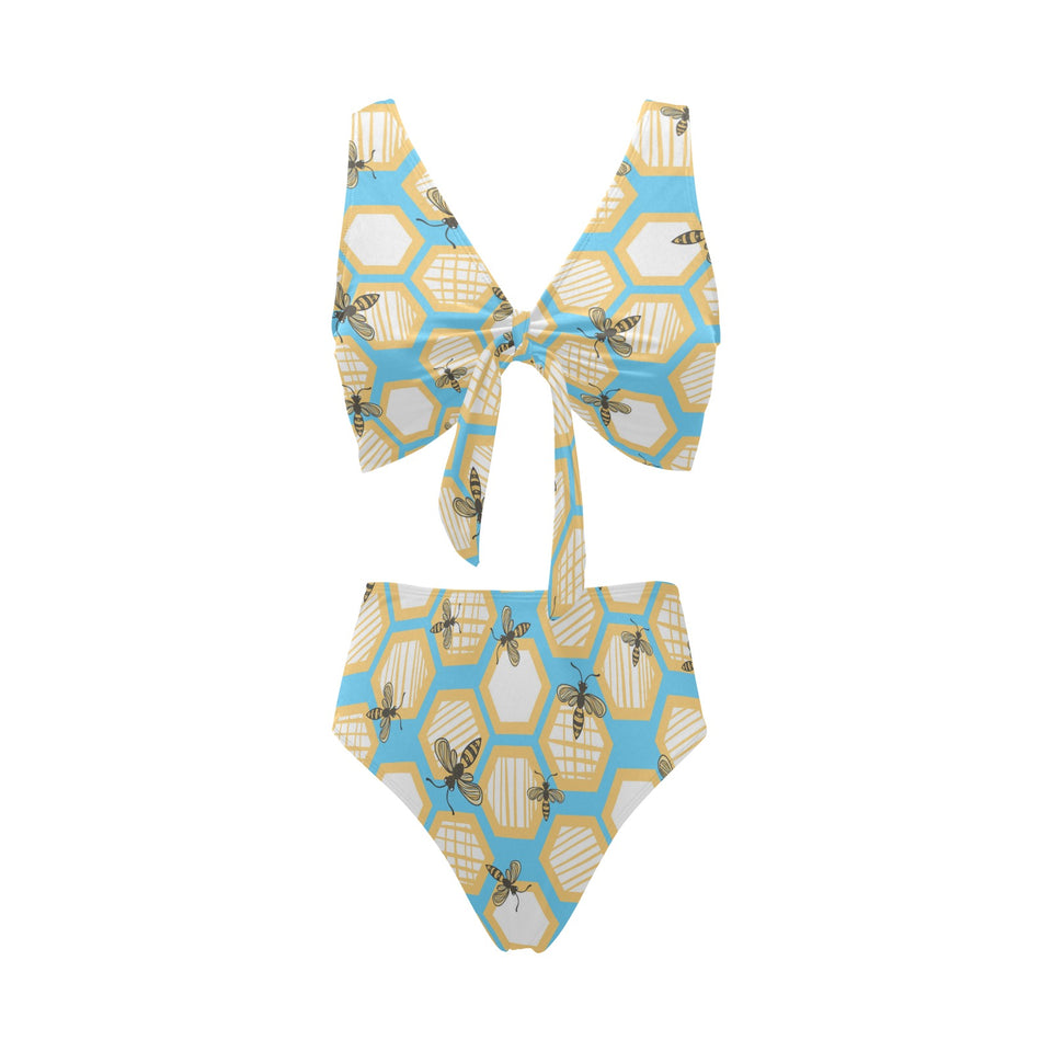 Bee honeycomb pattern Chest Bowknot High Waisted Bikini Swimsuit
