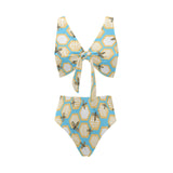 Bee honeycomb pattern Chest Bowknot High Waisted Bikini Swimsuit