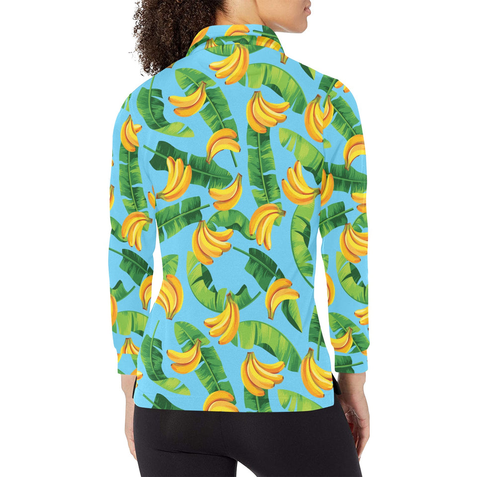 banana leaves banana design pattern Women's Long Sleeve Polo Shirt