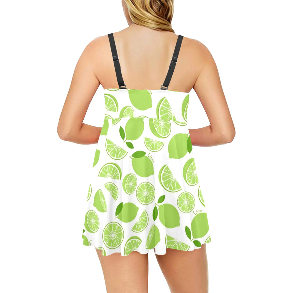 Lime design pattern Chest Sexy Pleated Two Piece Swim Dress