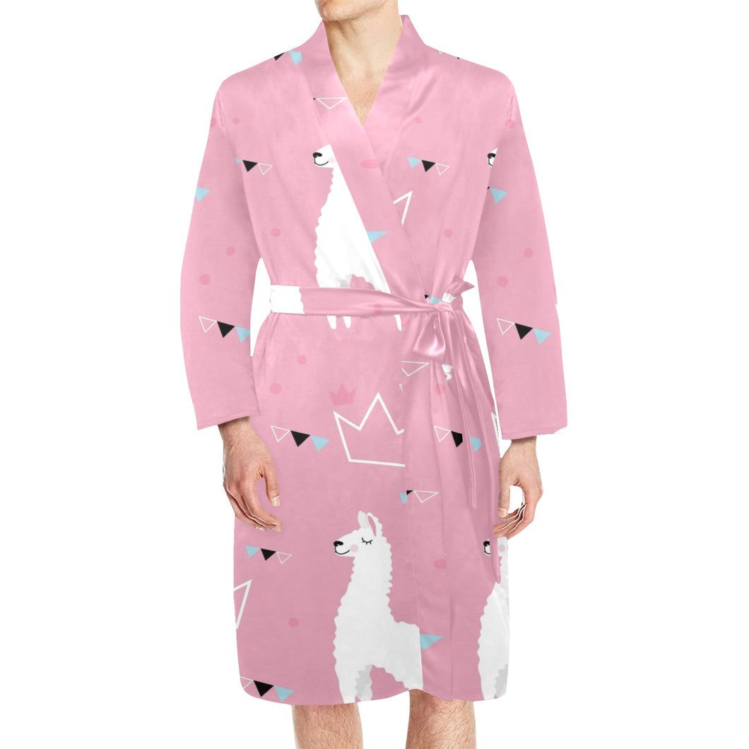 Llama Alpaca pink background Men's Long Sleeve Belted Night Robe