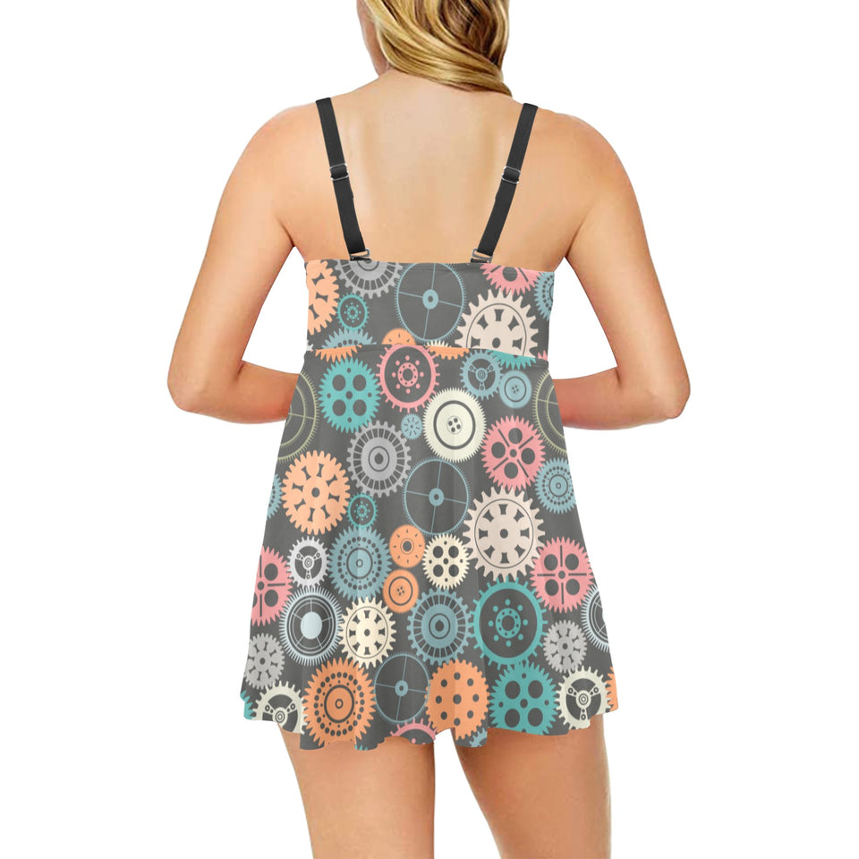 Gear Pattern Print Design 05 Chest Sexy Pleated Two Piece Swim Dress