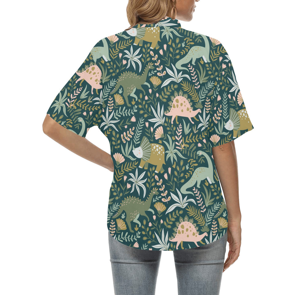 dinosaurs tropical leaves flower pattern Women's All Over Print Hawaiian Shirt