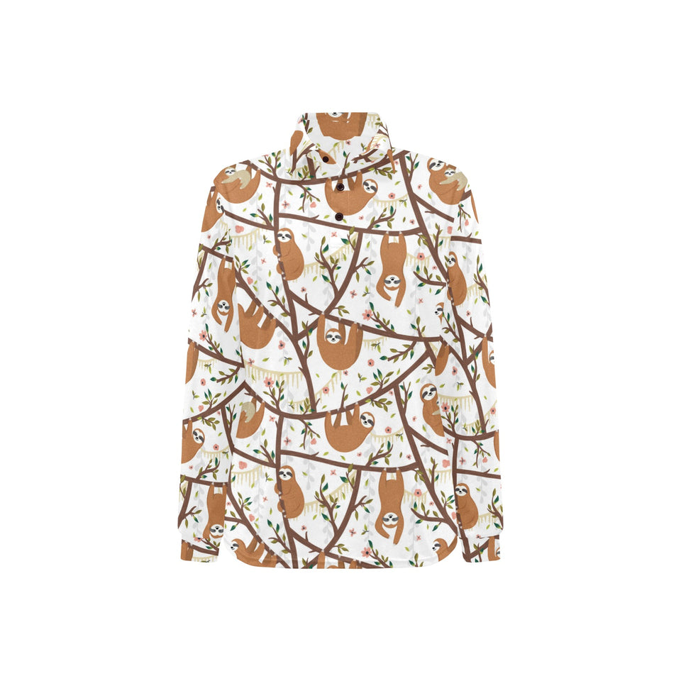 Sloths hanging on the tree pattern Women's Long Sleeve Polo Shirt