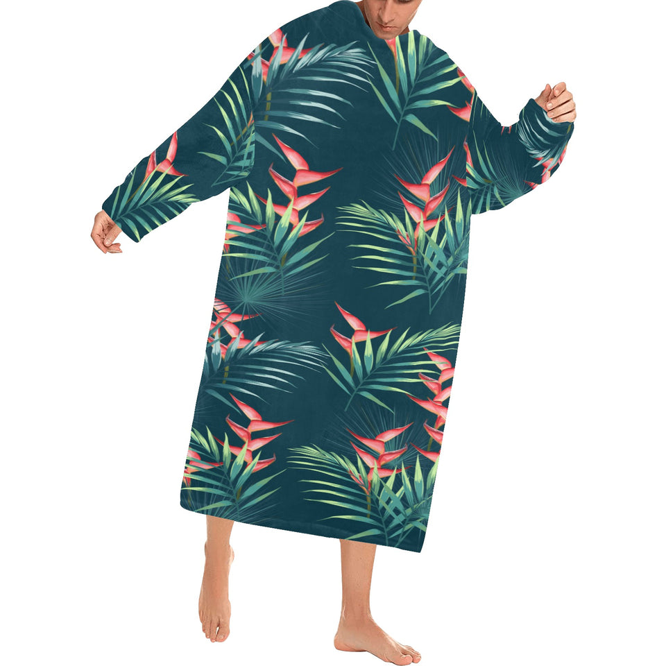 heliconia flowers, palm and monstera leaves on bla Blanket Robe with Sleeves