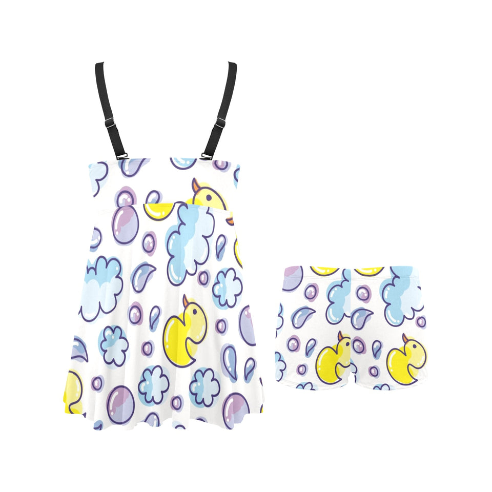 Duck Pattern Print Design 01 Chest Sexy Pleated Two Piece Swim Dress