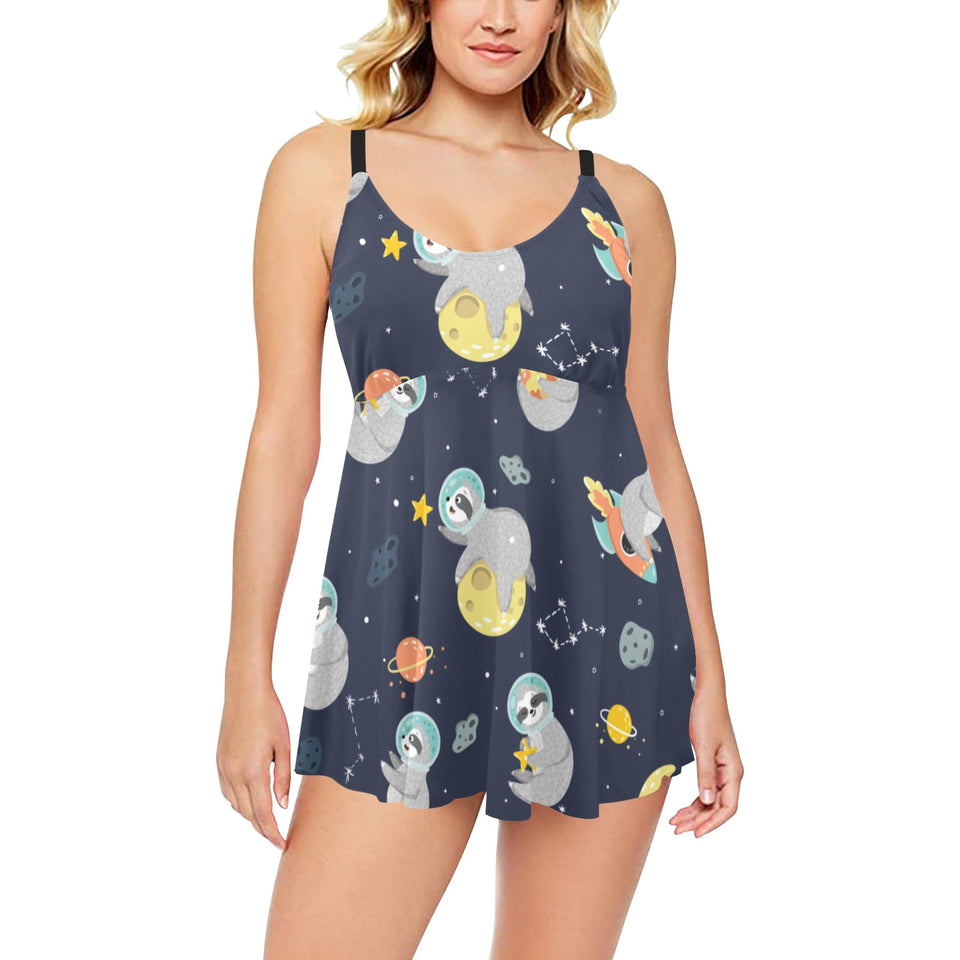 Cute sloth astronaut star planet rocket pattern Chest Sexy Pleated Two Piece Swim Dress