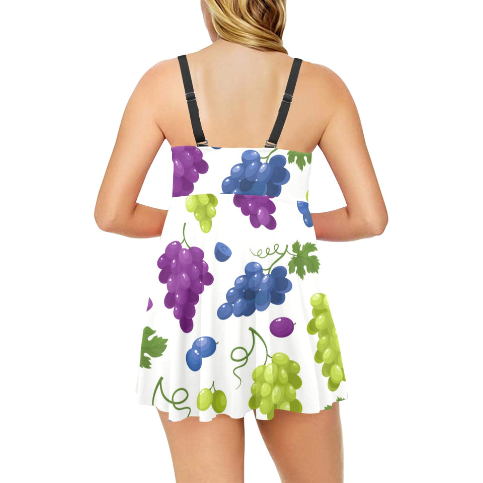 Grape pattern Chest Sexy Pleated Two Piece Swim Dress