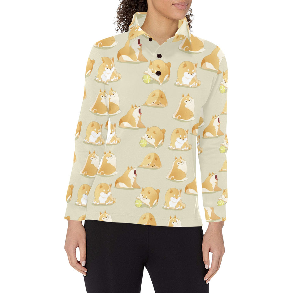 Cute fat shiba inu dog pattern Women's Long Sleeve Polo Shirt